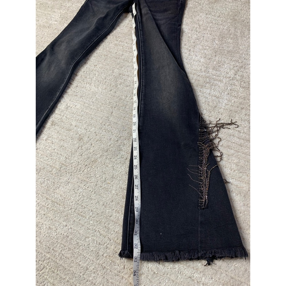 Risen Jeans Black Distressed Flare Rhinestone Chain Fringe Jeans Size 0/24 - Picture 7 of 16
